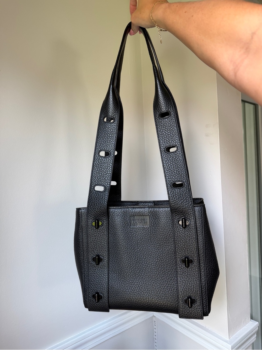 Dagne Dover Tokyo Turnlock Tote in Onxyx. Black Pebbled Leather